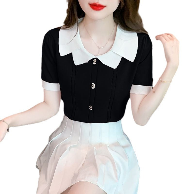 Contrast-color Doll Collar Short-sleeved T-shirt For Women Summer