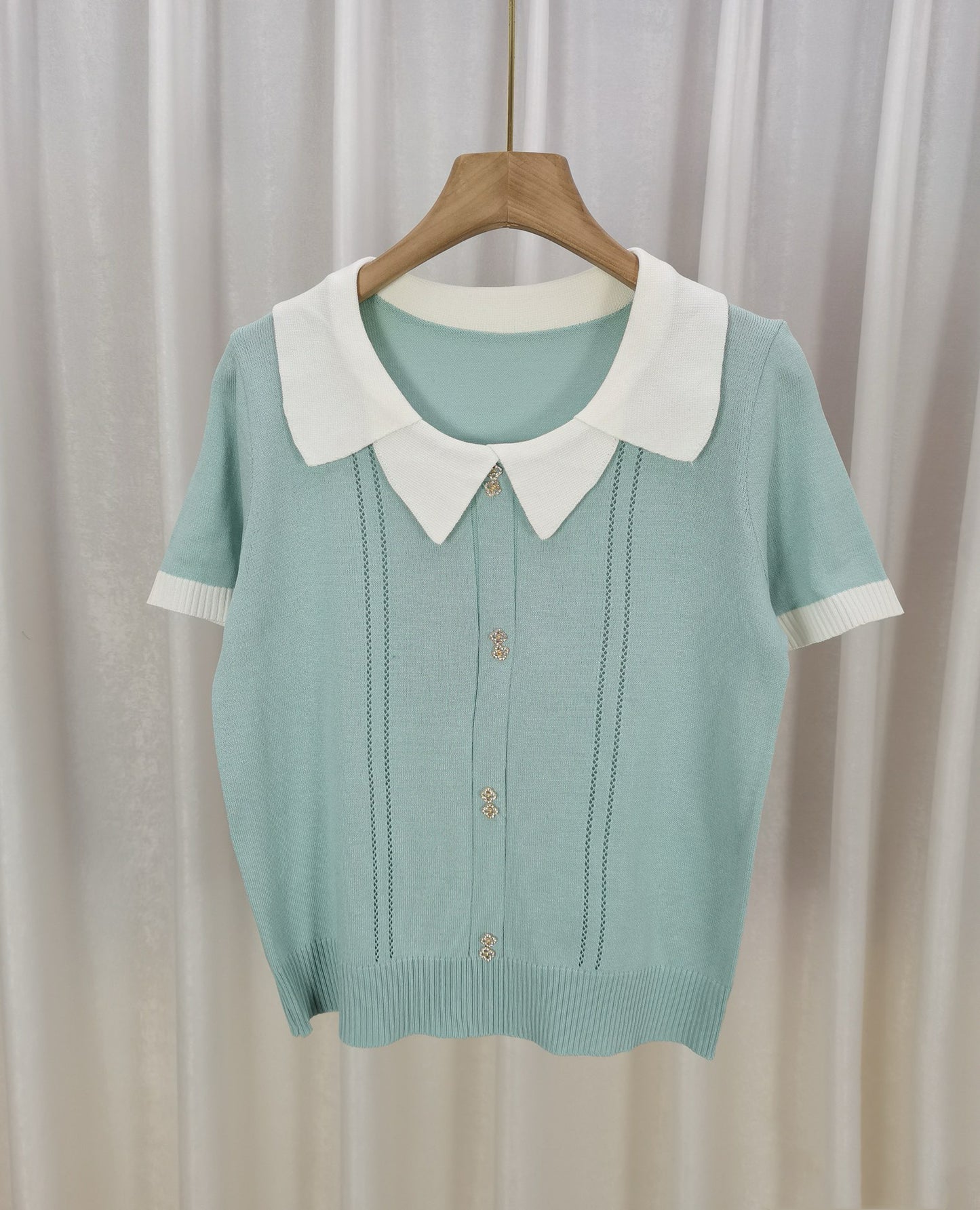 Contrast-color Doll Collar Short-sleeved T-shirt For Women Summer