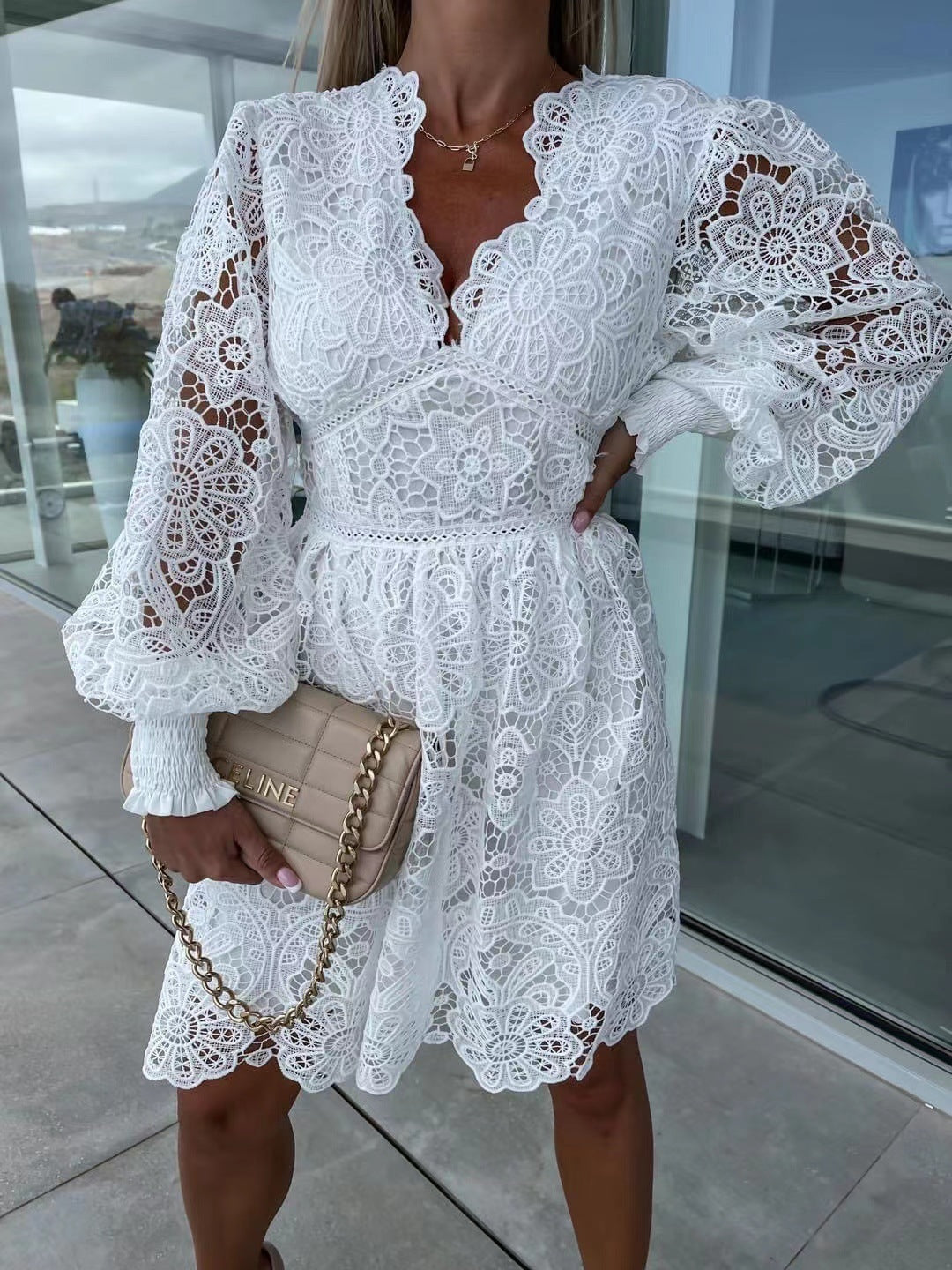 Sexy Hollow Water-soluble Lace Temperament Commute Dress