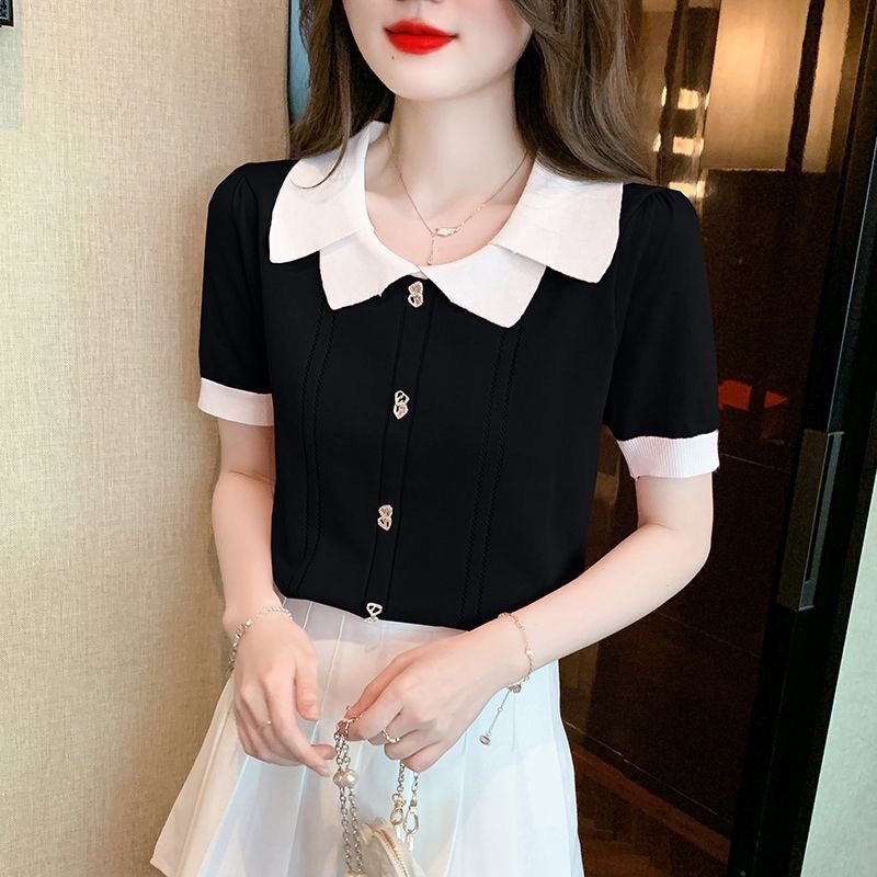 Contrast-color Doll Collar Short-sleeved T-shirt For Women Summer