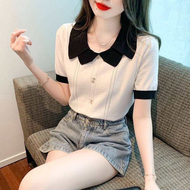 Contrast-color Doll Collar Short-sleeved T-shirt For Women Summer