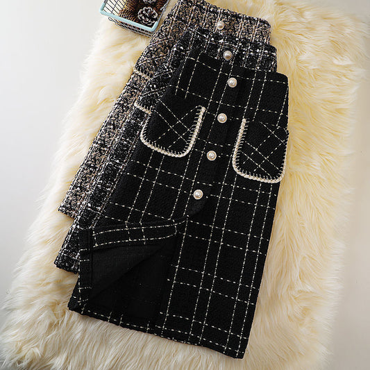 New Fashion Mid-length Female Online Influencer A- Line High Waist Slimming Woolen Plaid Skirt Trendy Style