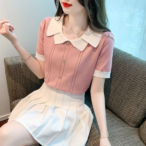 Contrast-color Doll Collar Short-sleeved T-shirt For Women Summer