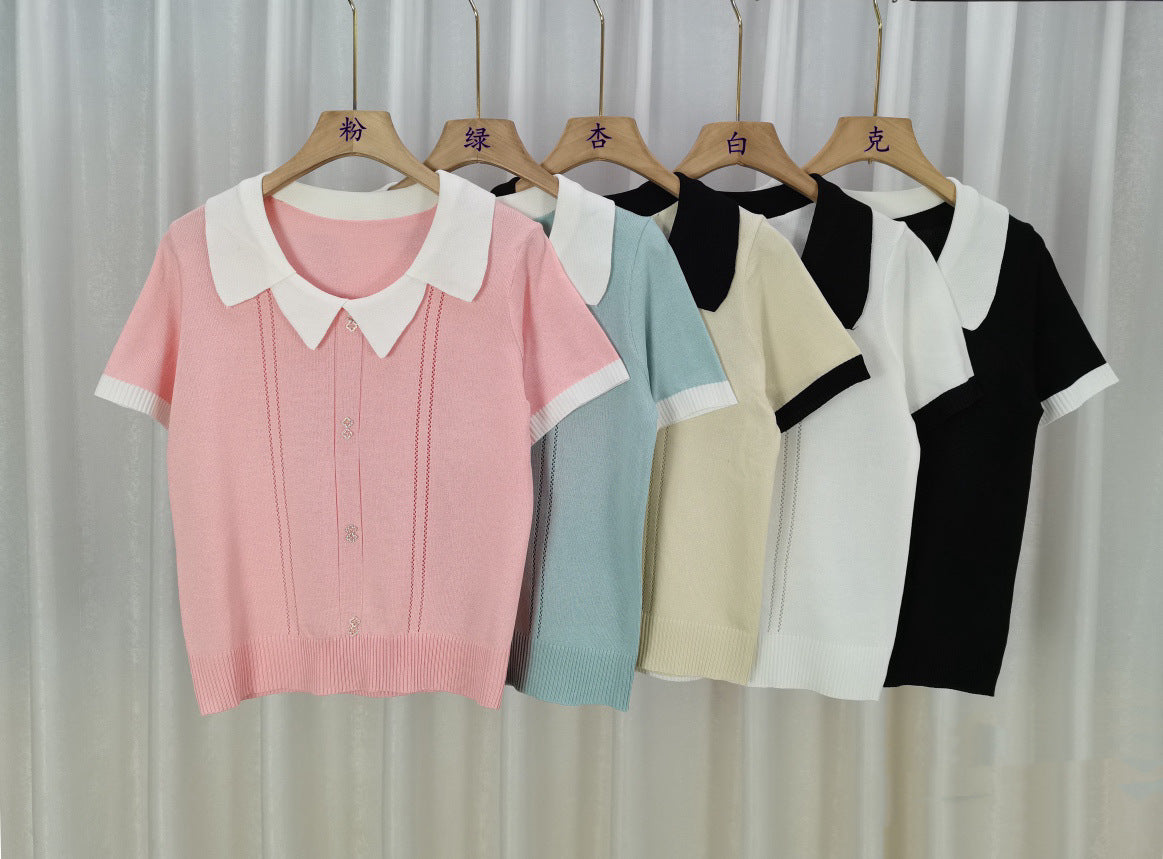 Contrast-color Doll Collar Short-sleeved T-shirt For Women Summer