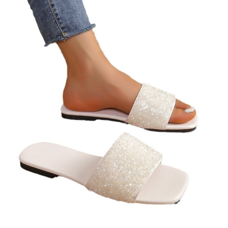 Fashion Personality Pearl Flat Slippers Women